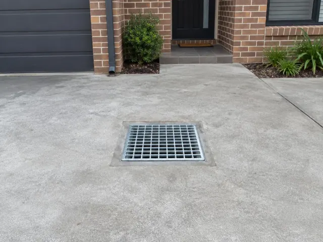 Concrete driveway with a square grated outdoor drain near a brick house entrance in Rhodes