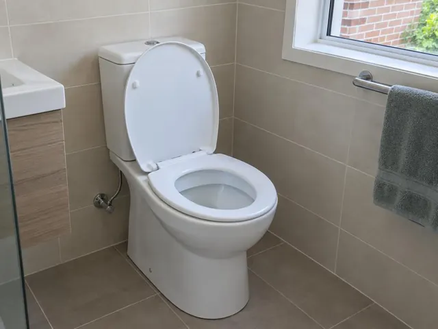 Clean white toilet in a tiled bathroom beside a window and towel rail in Mortlake