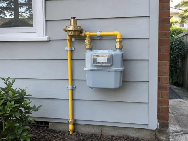 Exterior gas meter and yellow gas pipework on a weatherboard wall in Putney